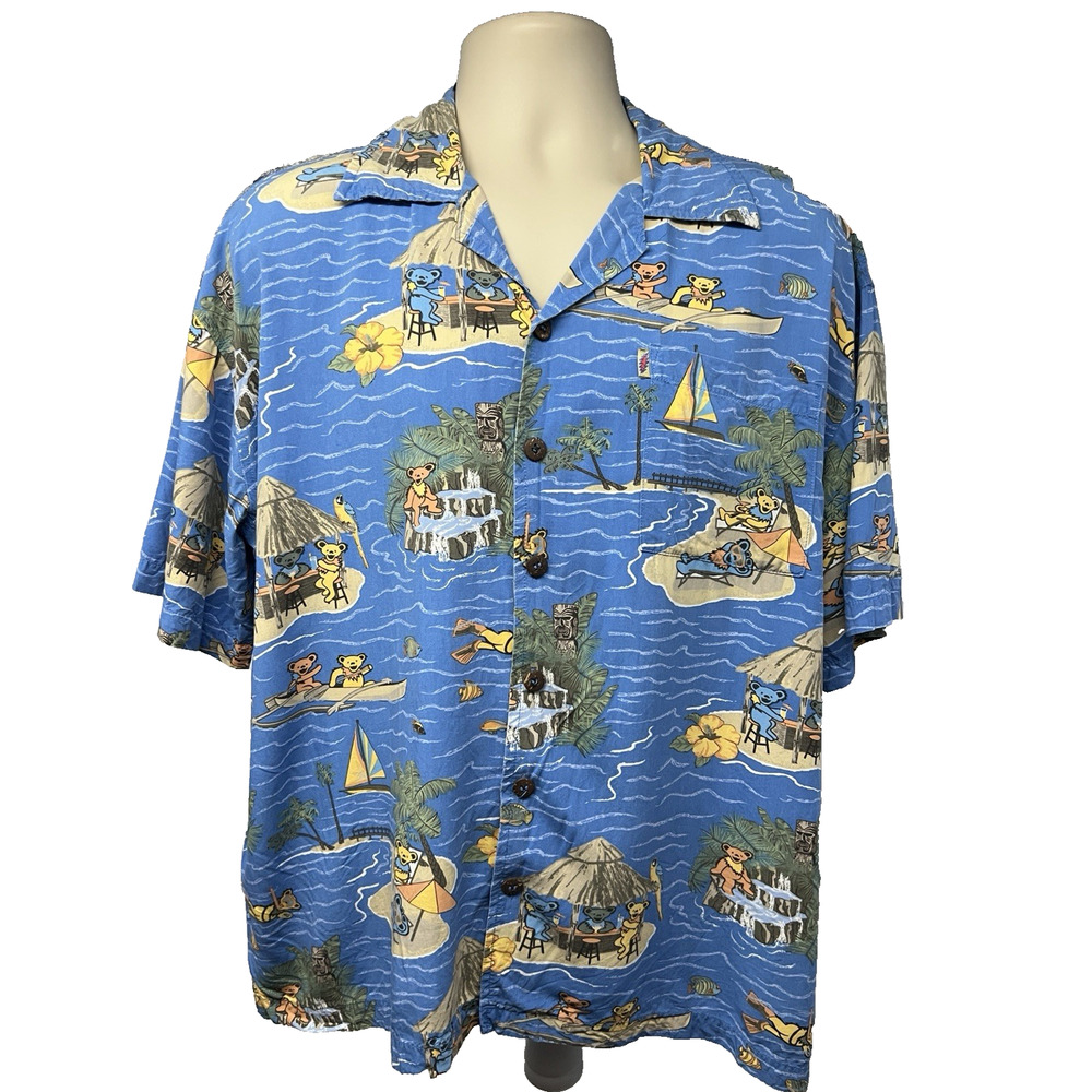 Grateful Dead David Carey Blue Hawaiian Tiki Button Shirt XL Pocket Dancing Bear